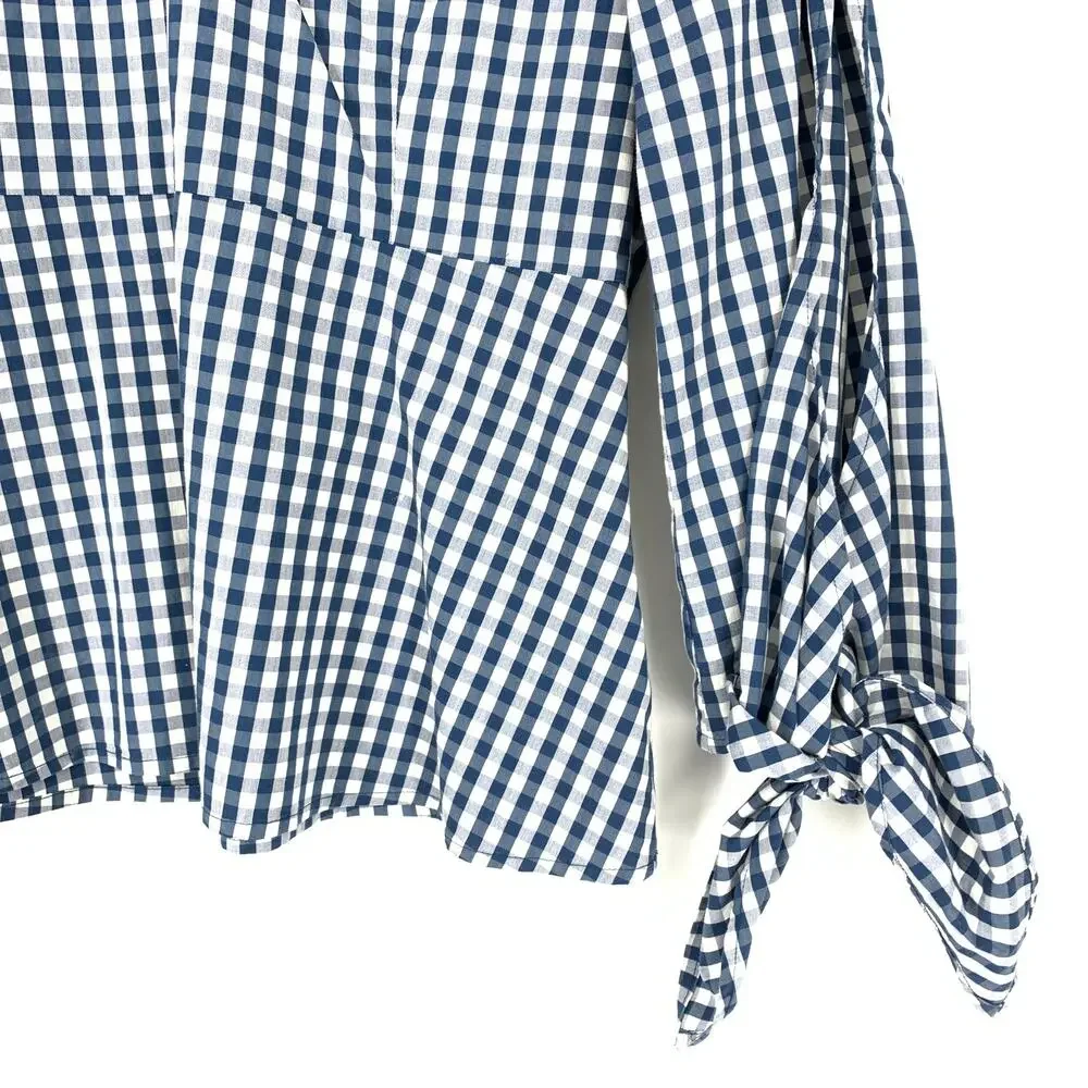 J. Crew Top X Universal Standard Sz M Gingham Tie Sleeve Blouse Blue White